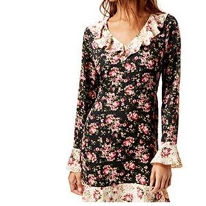 Floral bohemian mini dress long bell sleeves size XS